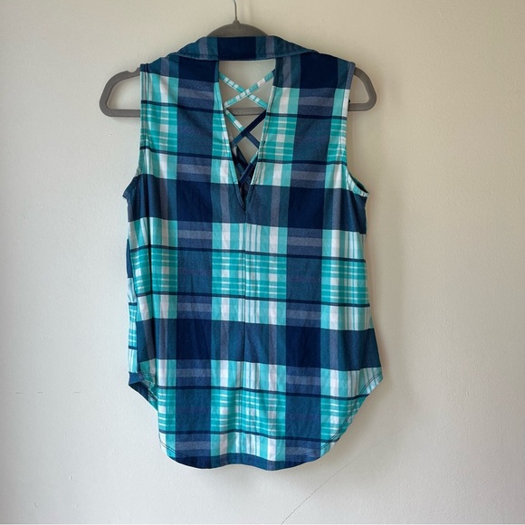 Ardene Plaid Sleeveless Button-Up Tank Top Small Crisscross Back Blue Green Soft - Picture 11 of 11